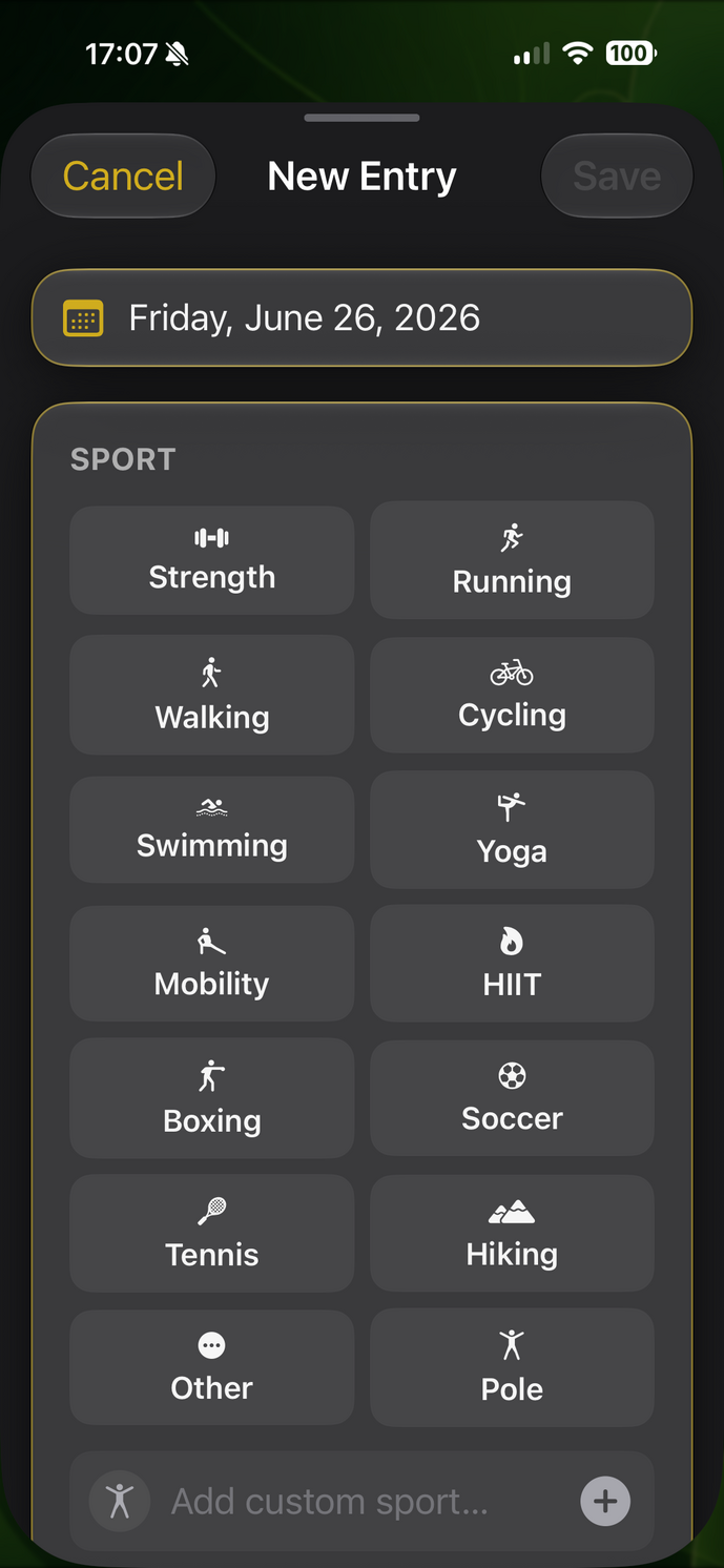 Tekneio Streak Neuer Eintrag: Sportart wählen, schnell erfasst