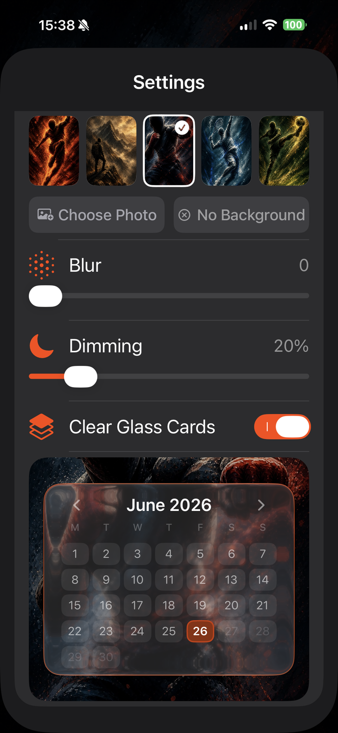 Tekneio Streak Glas-Einstellungen: Blur, Dimming und Clear Glass Cards