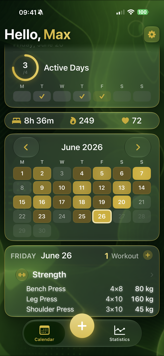 Tekneio Streak Startbildschirm mit Heatmap-Kalender, Apple Health (Schlaf, Move, Ruhepuls) und Kraft-Eintrag