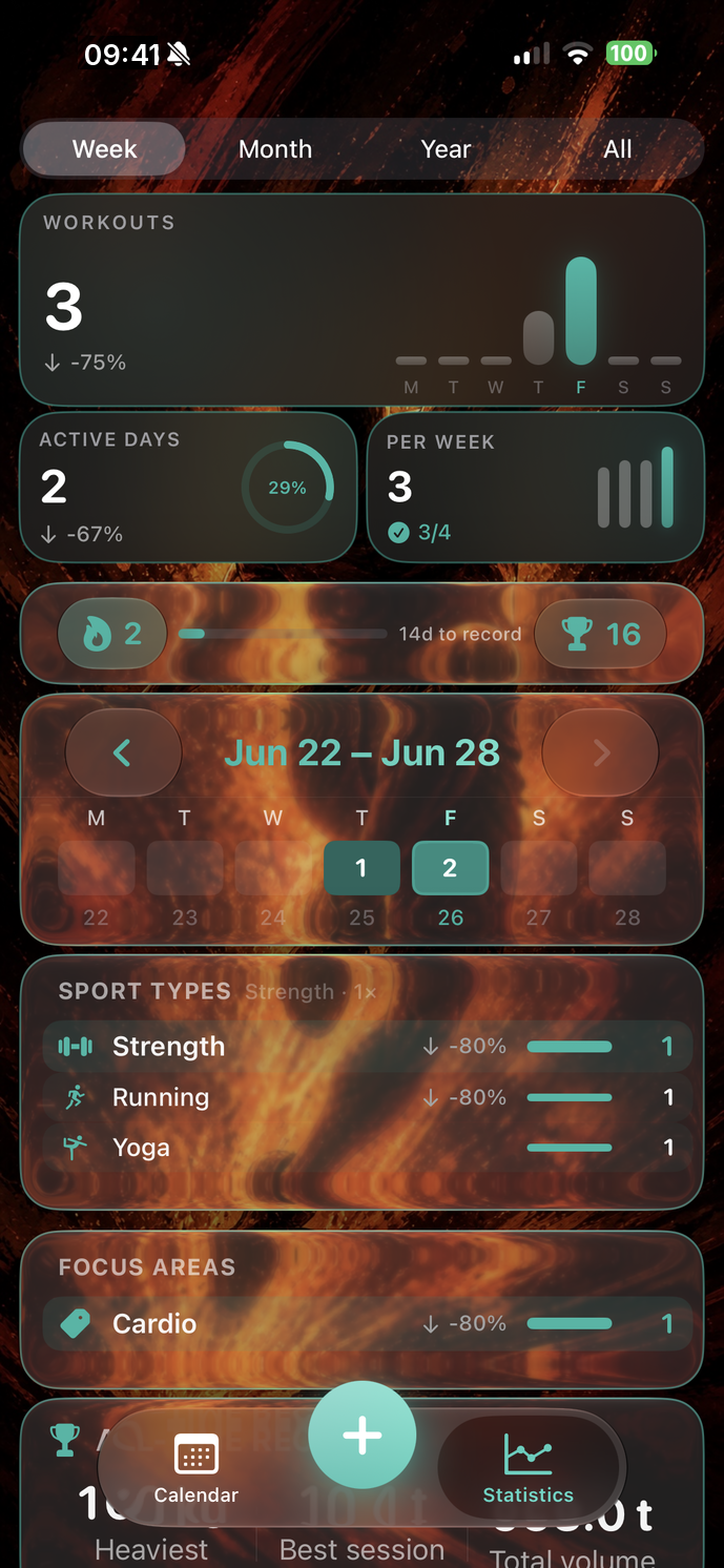 Tekneio Streak Wochenübersicht mit Sportarten und Fokus, lebendiger Hintergrund
