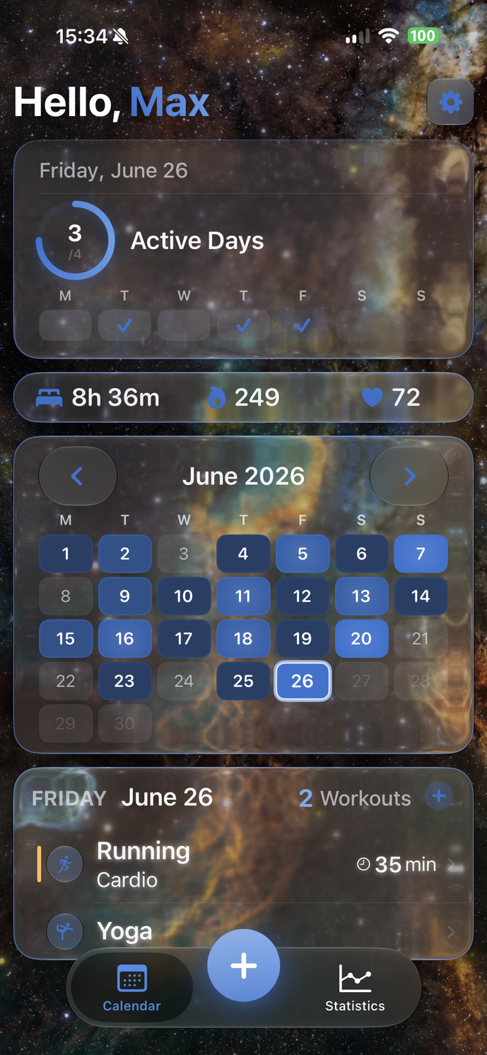 Tekneio Streak Heatmap-Kalender mit Aktive-Tage-Ring, Apple Health und Wochenzielen, Blau