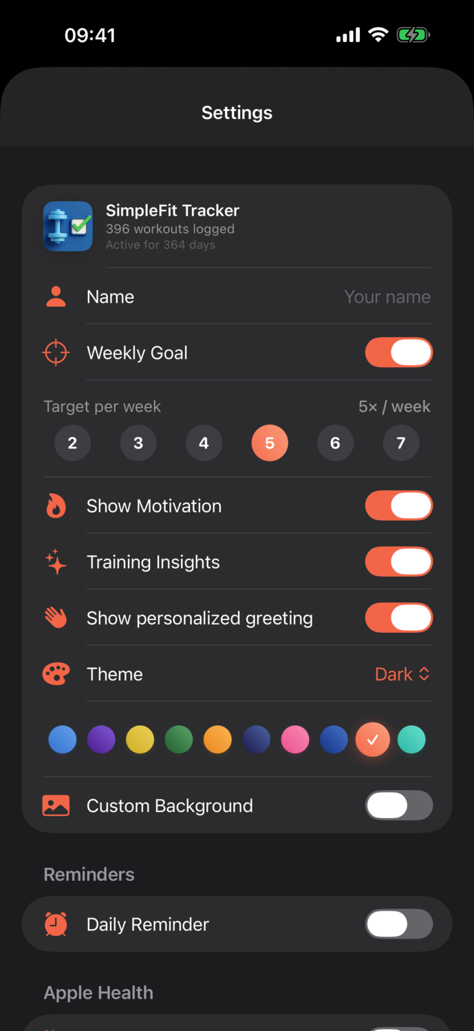 Tekneio Streak Einstellungen: Name, Wochenziel, Motivation und Theme