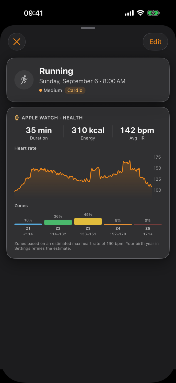 Streak Workout-Detail: Pulskurve, Zonen, Energie und Dauer von der Apple Watch